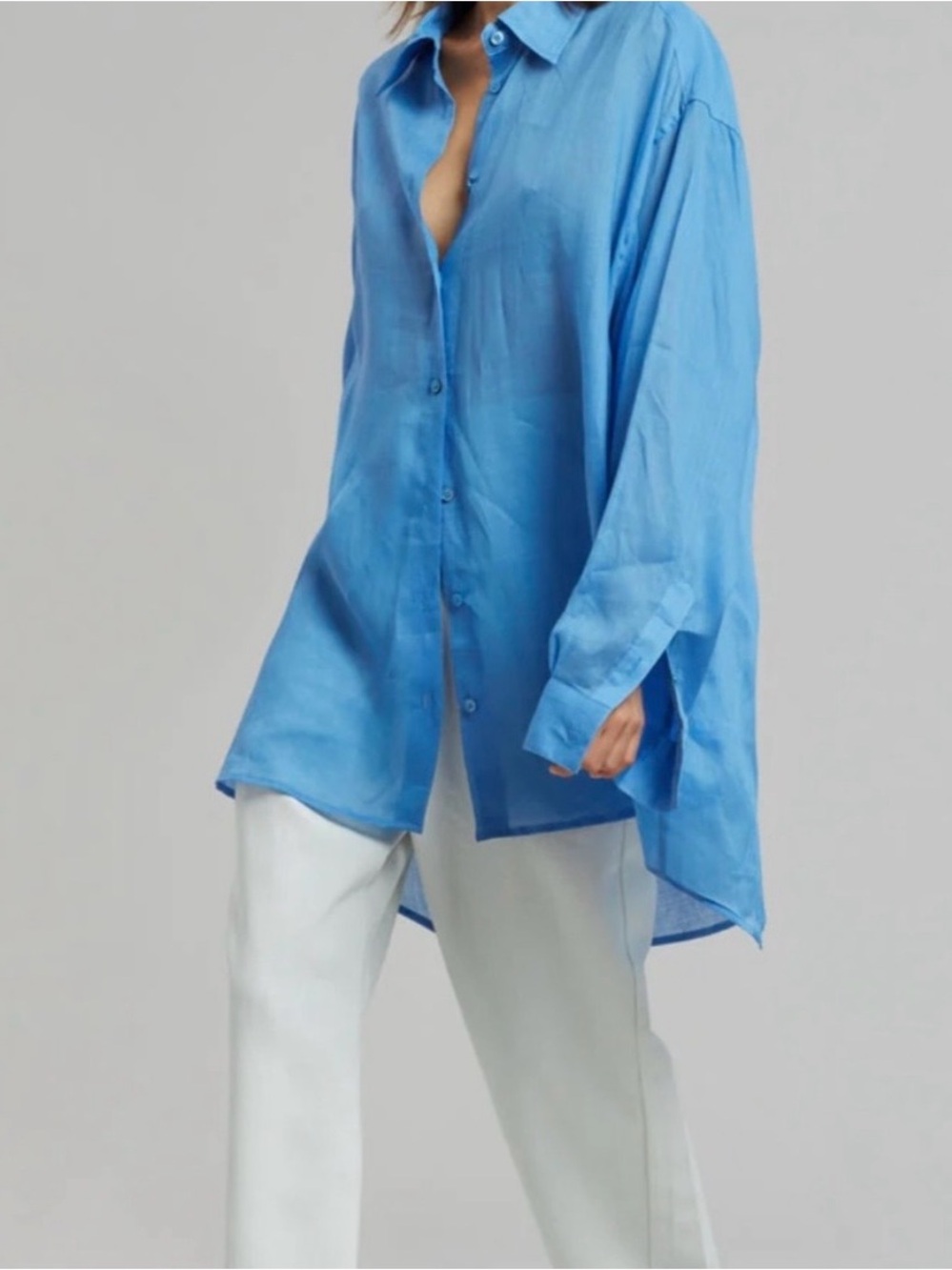 The Frankie Shop Blue Marine Linen Button Down Shirt - Picture 3 of 7